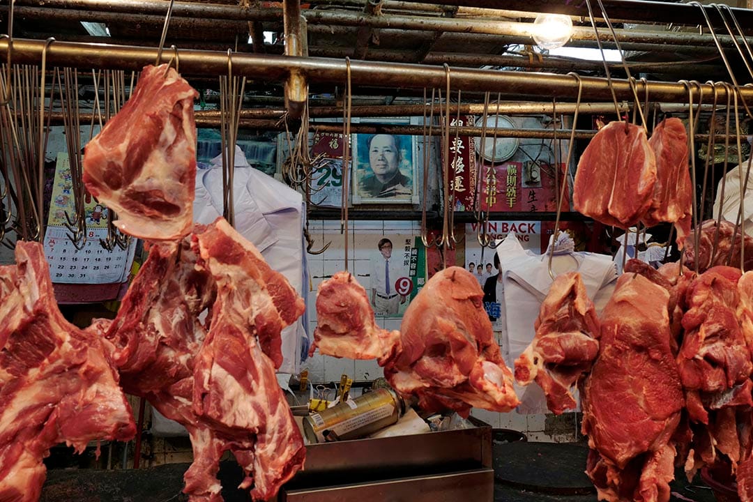 在肉店內,民主黨參選人的宣傳單張張貼了在毛澤東肖象之下。