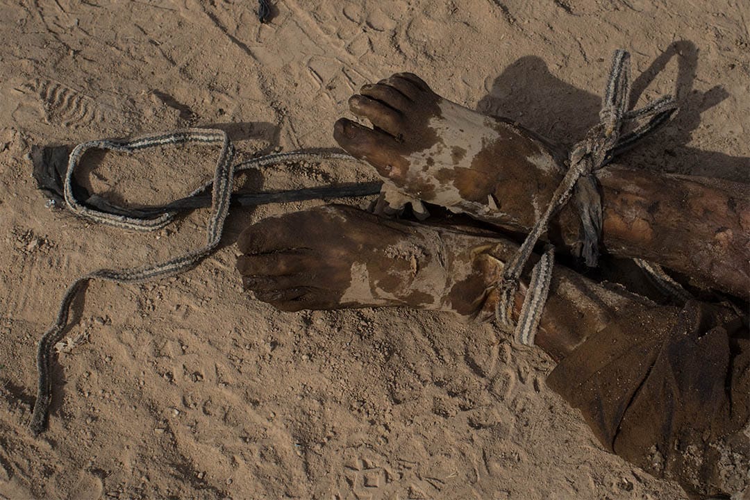 2016年11月9日，伊拉克哈马姆，伊拉克军队找到约一百具疑为伊斯兰国受害者的尸体。图为一具尸体的双脚被捆缚。