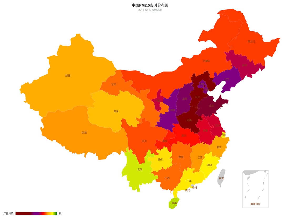 中國空氣質量在12月15日至21日的變化。圖-12月19日。