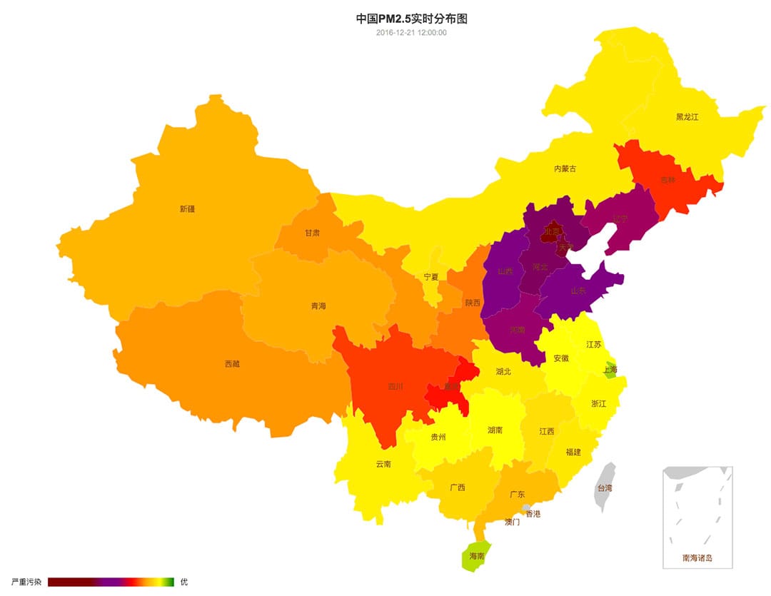 中國空氣質量在12月15日至21日的變化。圖-12月21日。