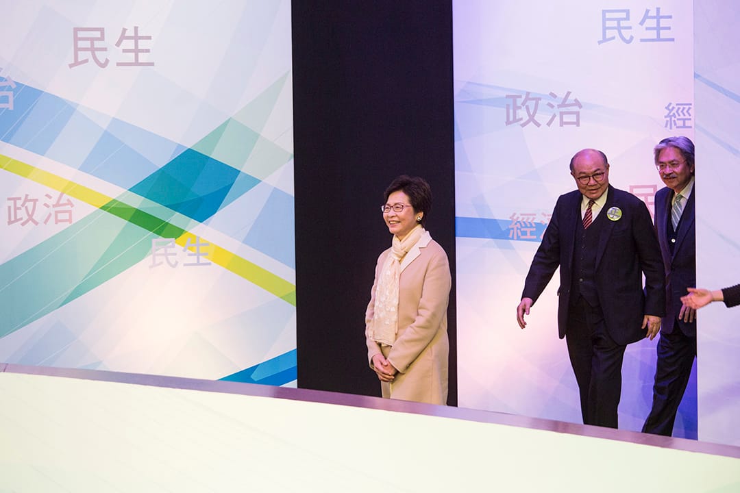 特首候選人林鄭月娥出席七大電子傳媒合辦的選舉論壇。