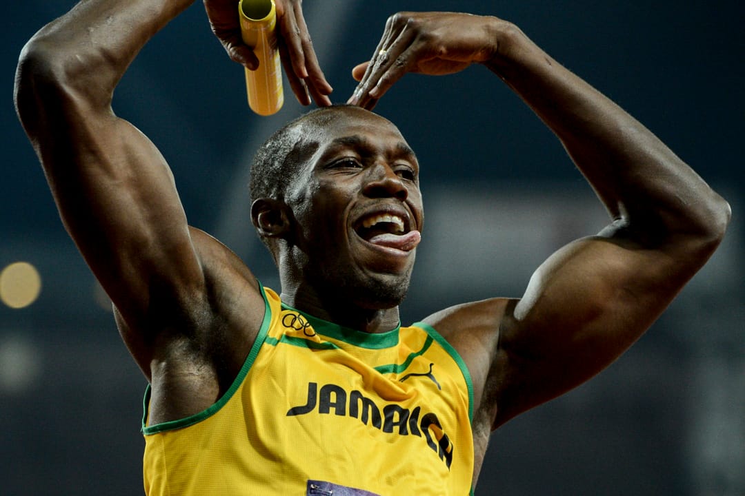 2012年8月11日,英國倫敦奧運會,保特在勝出男子4x100接力賽後慶祝。