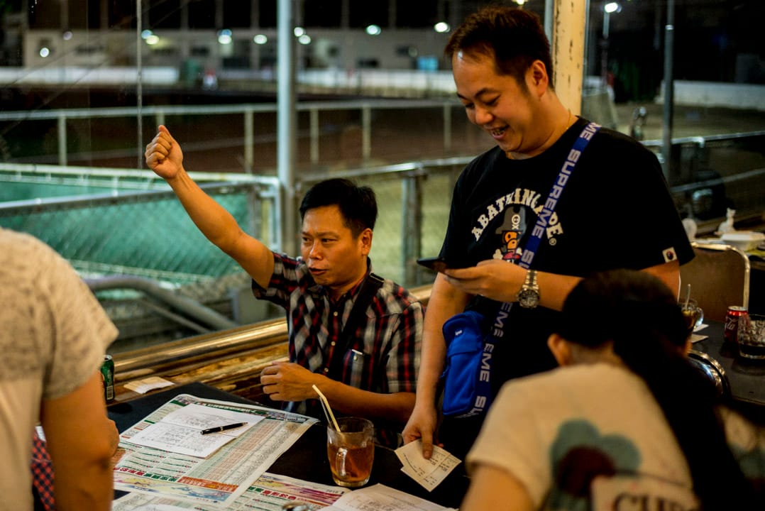 赛狗迷在餐厅近距离观赏赛狗,为心仪的狗只投注。