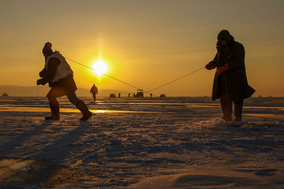 日出前,渔民扛著钢绳向前拉。