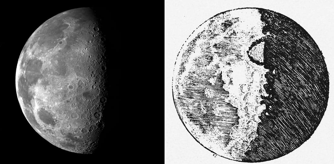 天文觀測的影像不斷演變。左為美國太空總署無人太空船伽利略號探測器1992年拍下的月球照片;右為伽利略十五世紀手繪的月面圖是人類史上首張月球的科學影像。