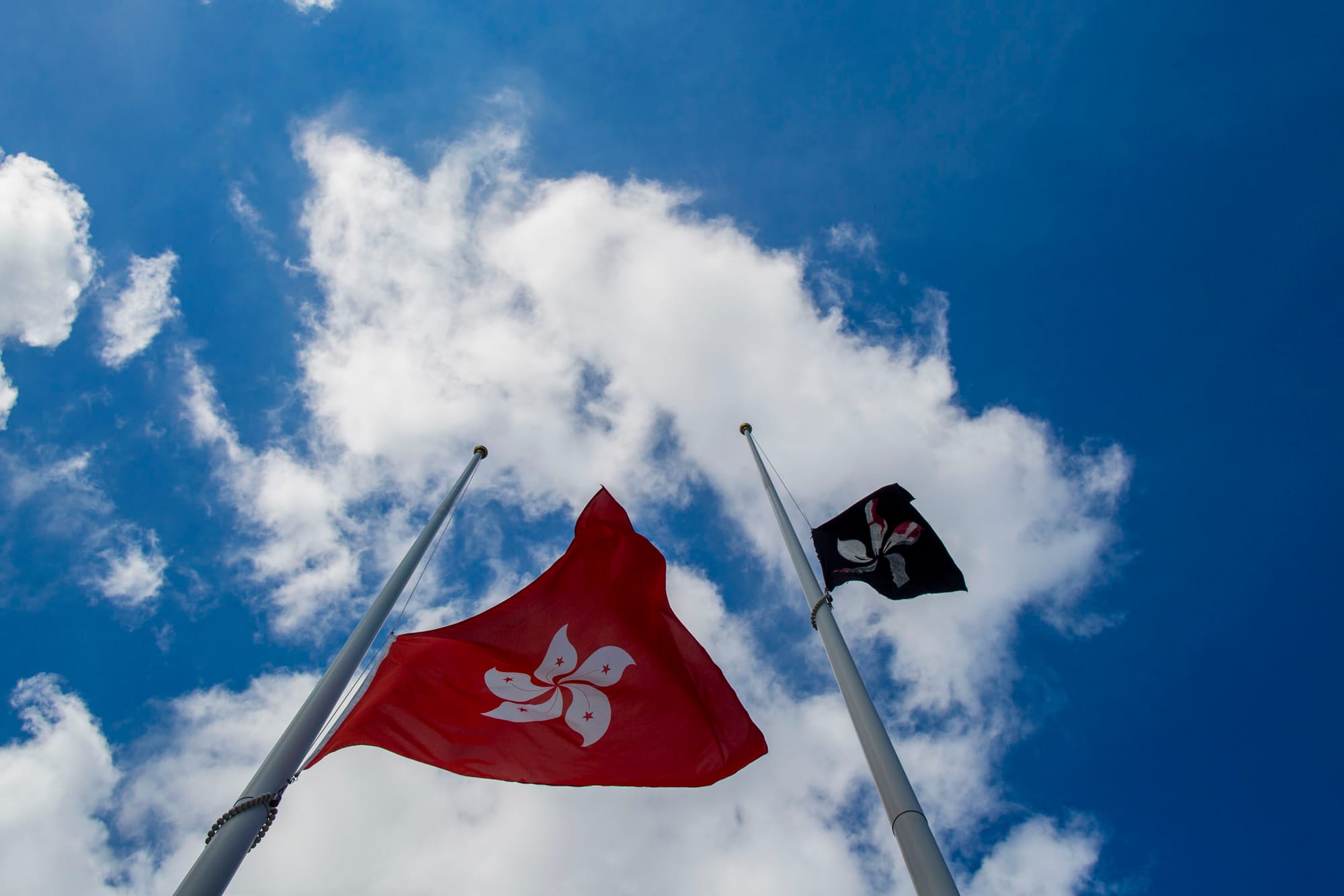 2019年7月1日，立法會廣場外旗杆上懸掛的國旗被人換上黑旗，特區區旗則被下半旗。