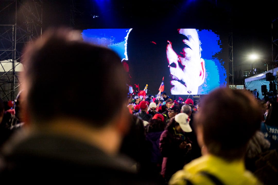 2020年1月9日，韓國瑜在凱道舉辦造勢晚會，韓國瑜肖像在台上。