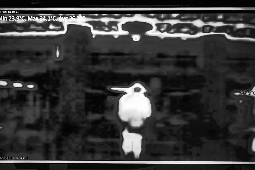 2020年3月31日桃园国际机场，为加强边境防疫，在出境大堂有一架体温探测设备，萤幕上显示人的体温。