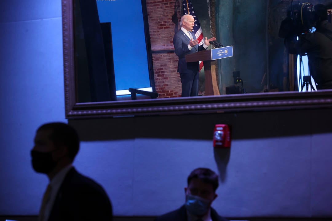 2021年1月6日,特拉华州威尔明顿,候任总统拜登在皇后剧院发表有关特朗普支持者闯进国会大楼的讲话。