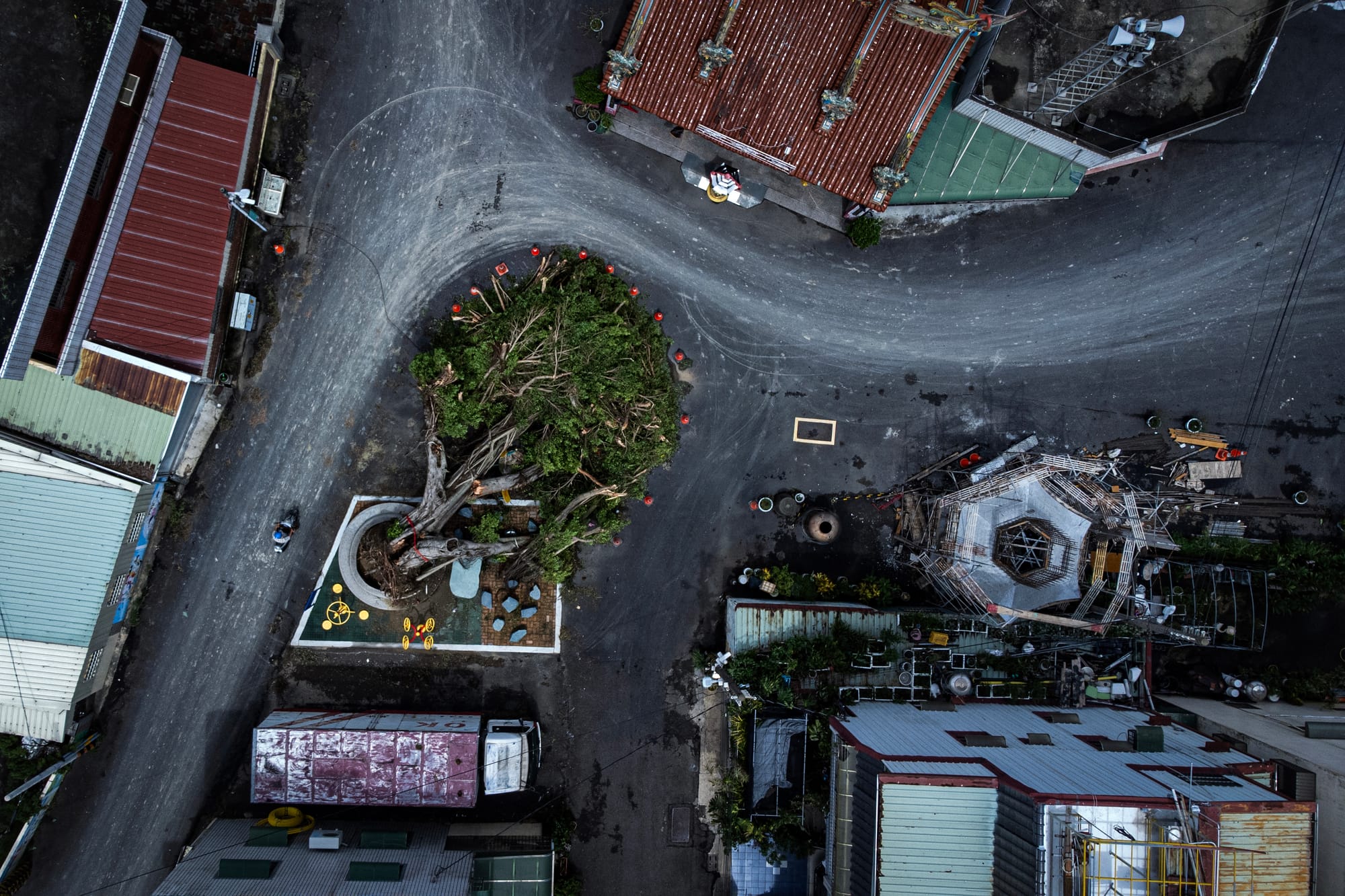 2024年7月27日,嘉義水上鄉,仁安宮前的一棵老榕樹倒下。攝:陳焯煇/端傳媒